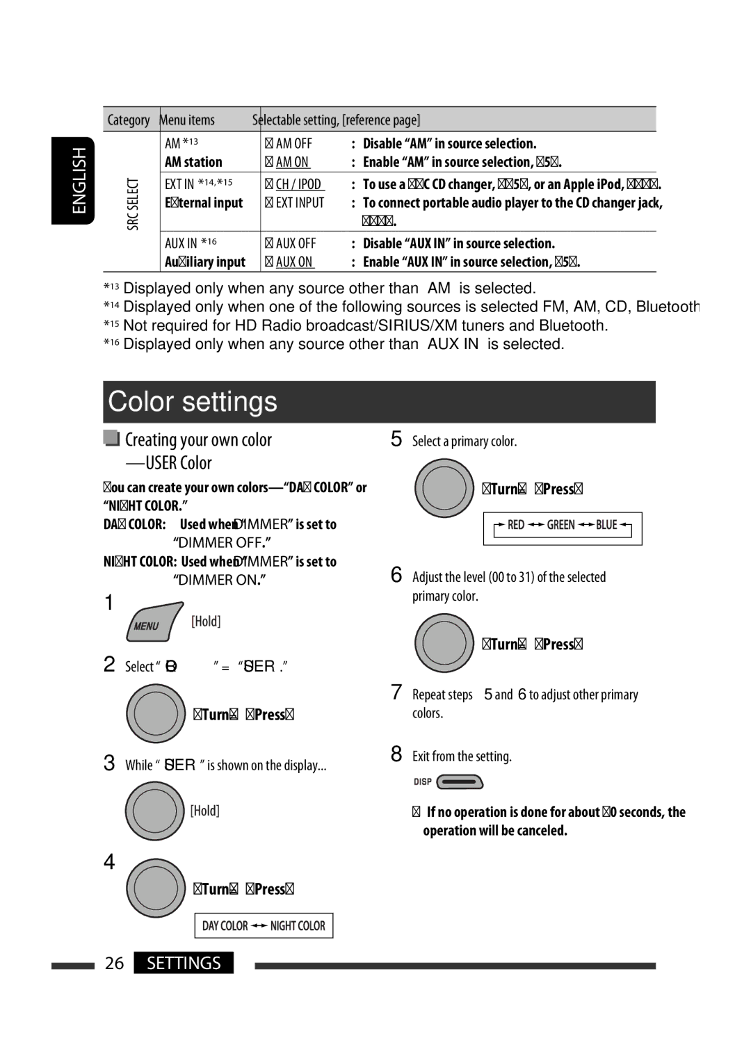 JVC GET0570-001A manual Color settings 