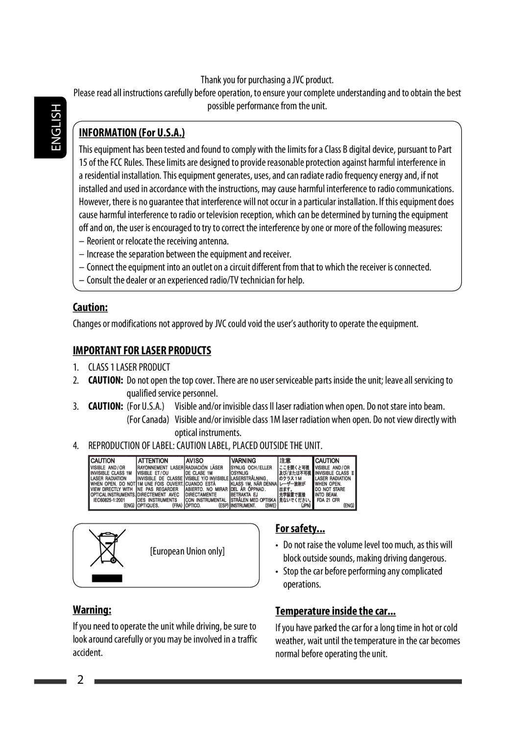 JVC GET0570-001A manual Information For U.S.A, For safety, Temperature inside the car 