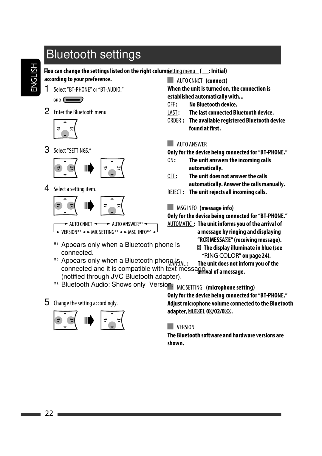 JVC GET0570-001A manual Bluetooth settings, Auto Answer, Version 