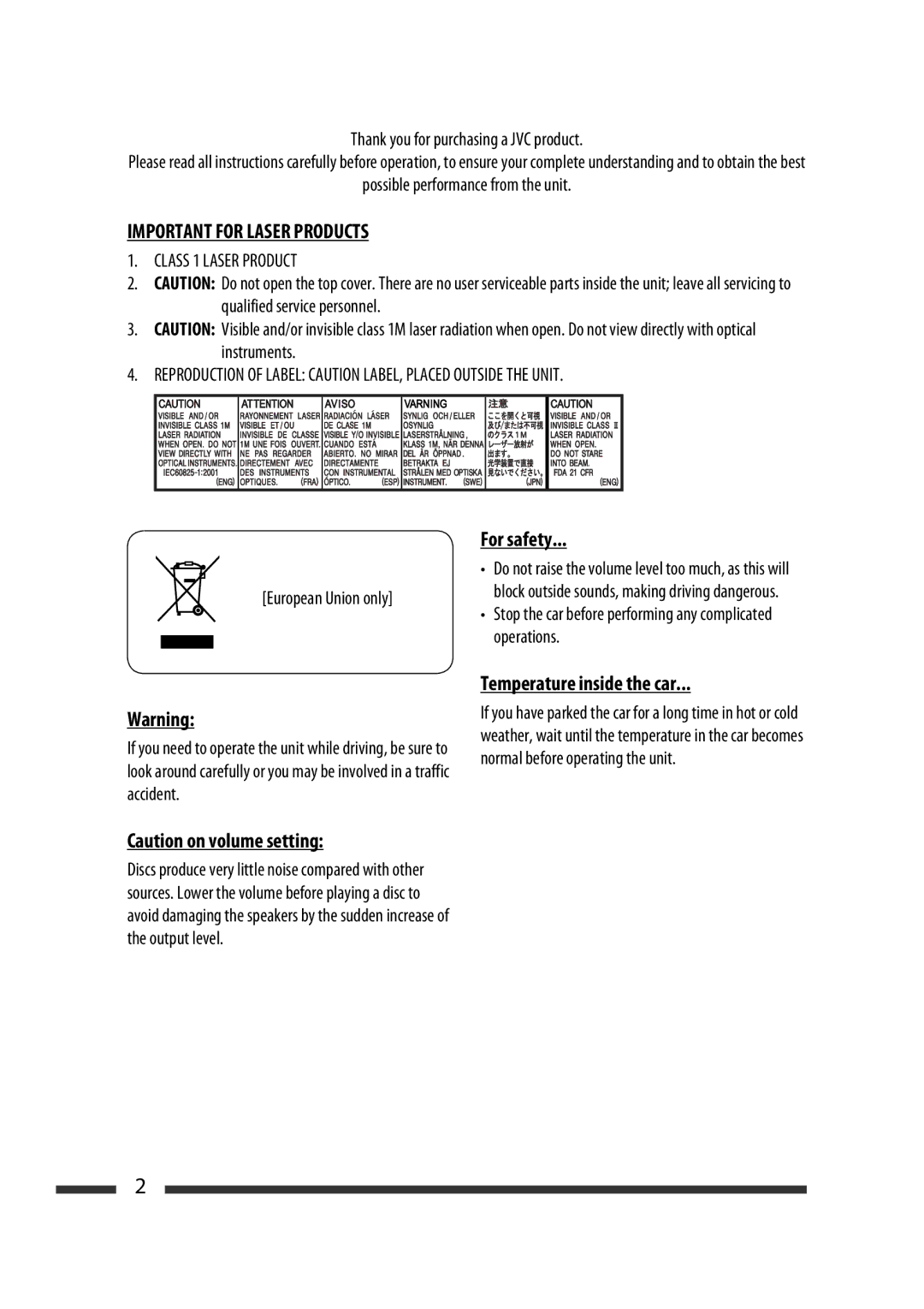 JVC GET0570-001A manual Do not raise the volume level too much, as this will 