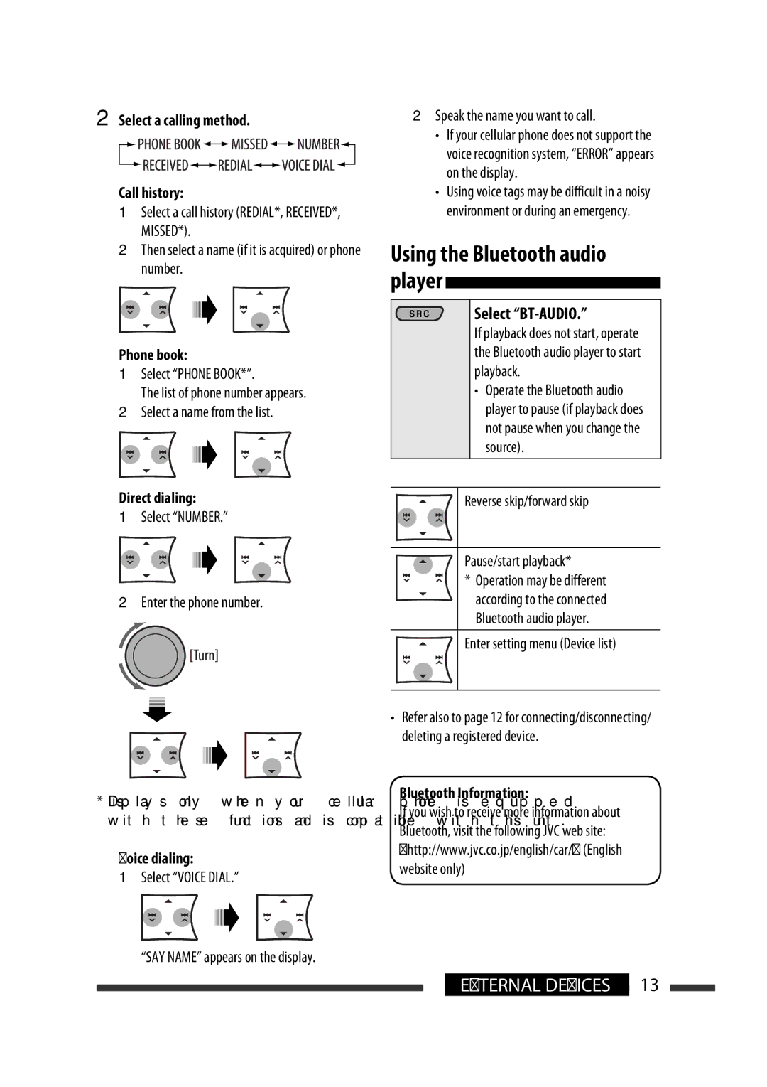 JVC GET0570-001A manual Using the Bluetooth audio player, Select a calling method Call history 