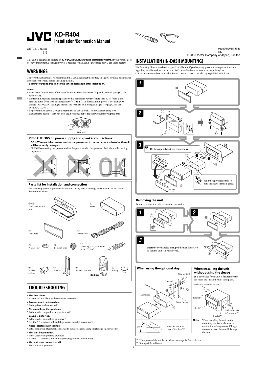 JVC GET0570-001A manual Removing the unit, When using the optional stay, When installing the unit without using the sleeve 