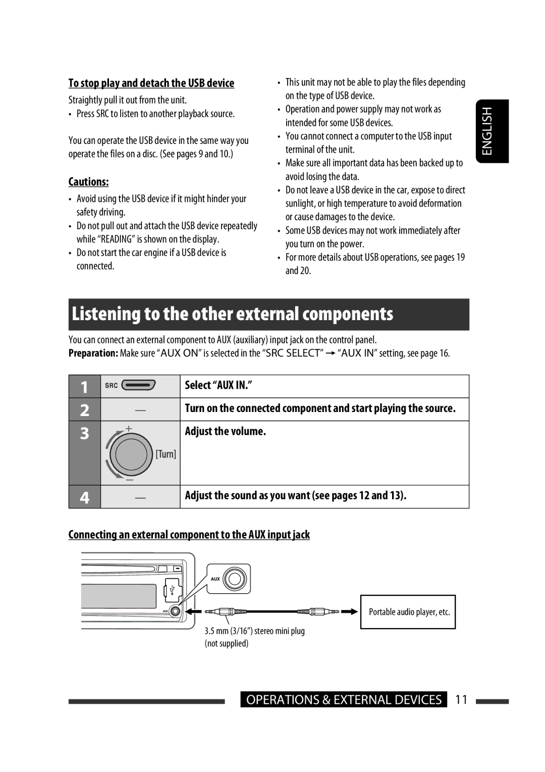 JVC GET0576-001A manual Listening to the other external components, Straightly pull it out from the unit 