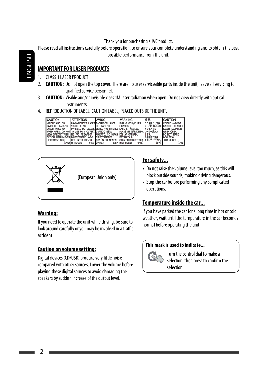 JVC GET0576-001A manual Do not raise the volume level too much, as this will 