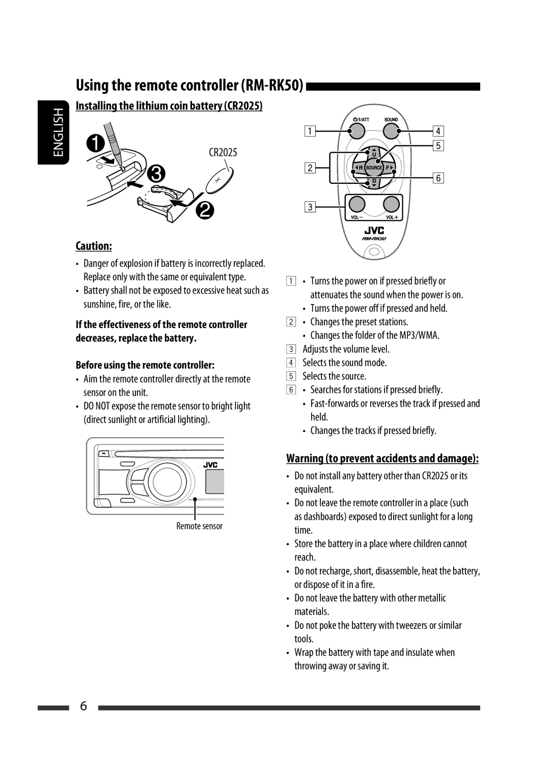 JVC GET0576-001A manual Using the remote controller RM-RK50 