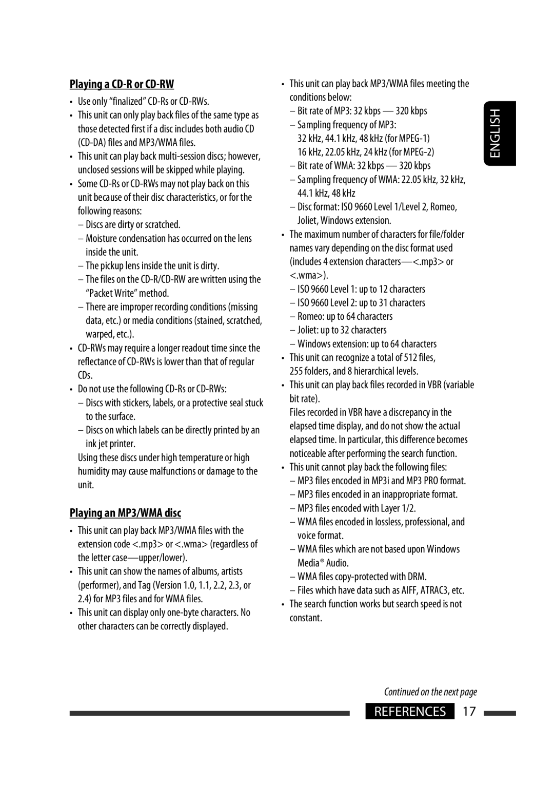 JVC GET0576-001A manual Playing a CD-R or CD-RW, WMA files which are not based upon Windows Media Audio 