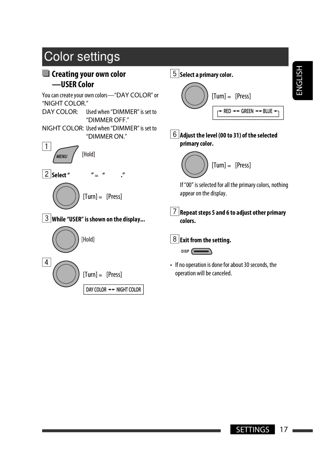 JVC GET0576-001A manual Color settings, Creating your own color -USER Color, Select Color = User 