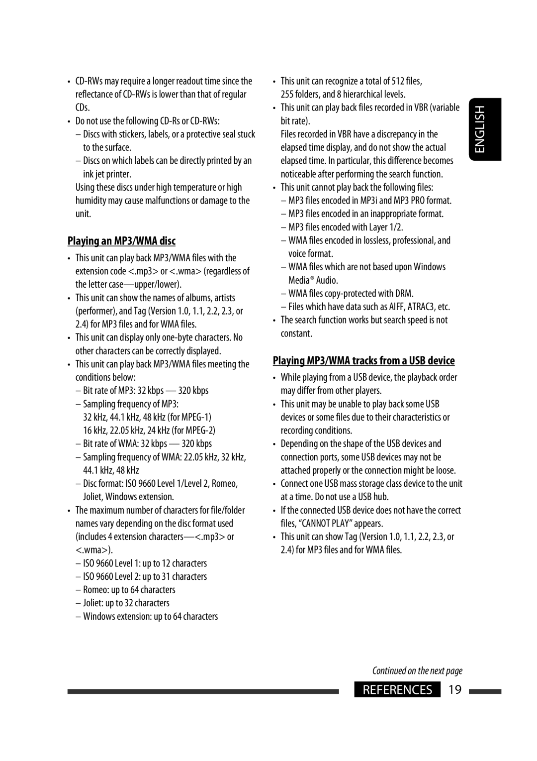 JVC GET0576-001A manual Playing an MP3/WMA disc, Bit rate of MP3 32 kbps 320 kbps Sampling frequency of MP3 