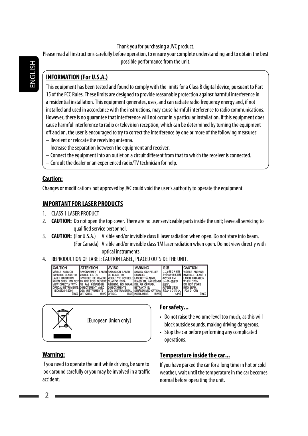 JVC GET0576-001A manual Information For U.S.A, For safety, Temperature inside the car 