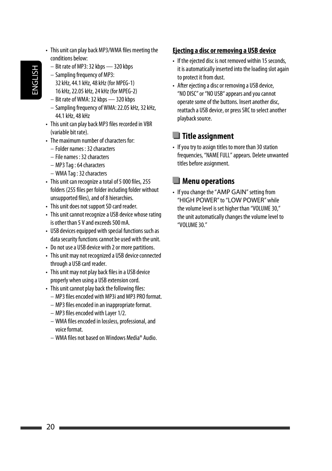 JVC GET0576-001A manual Ejecting a disc or removing a USB device, This unit does not support SD card reader 