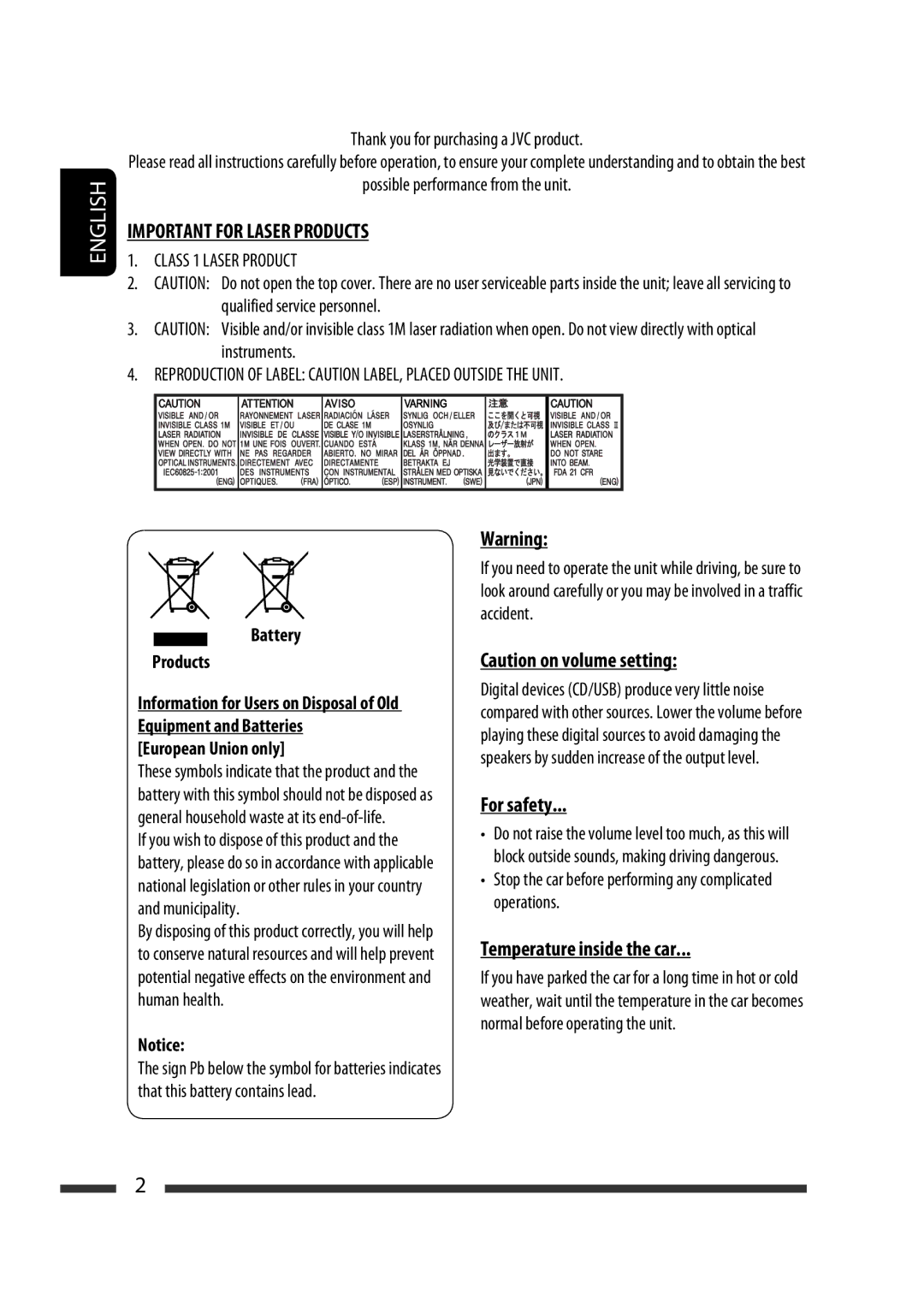 JVC GET0576-001A manual Battery Products, European Union only 