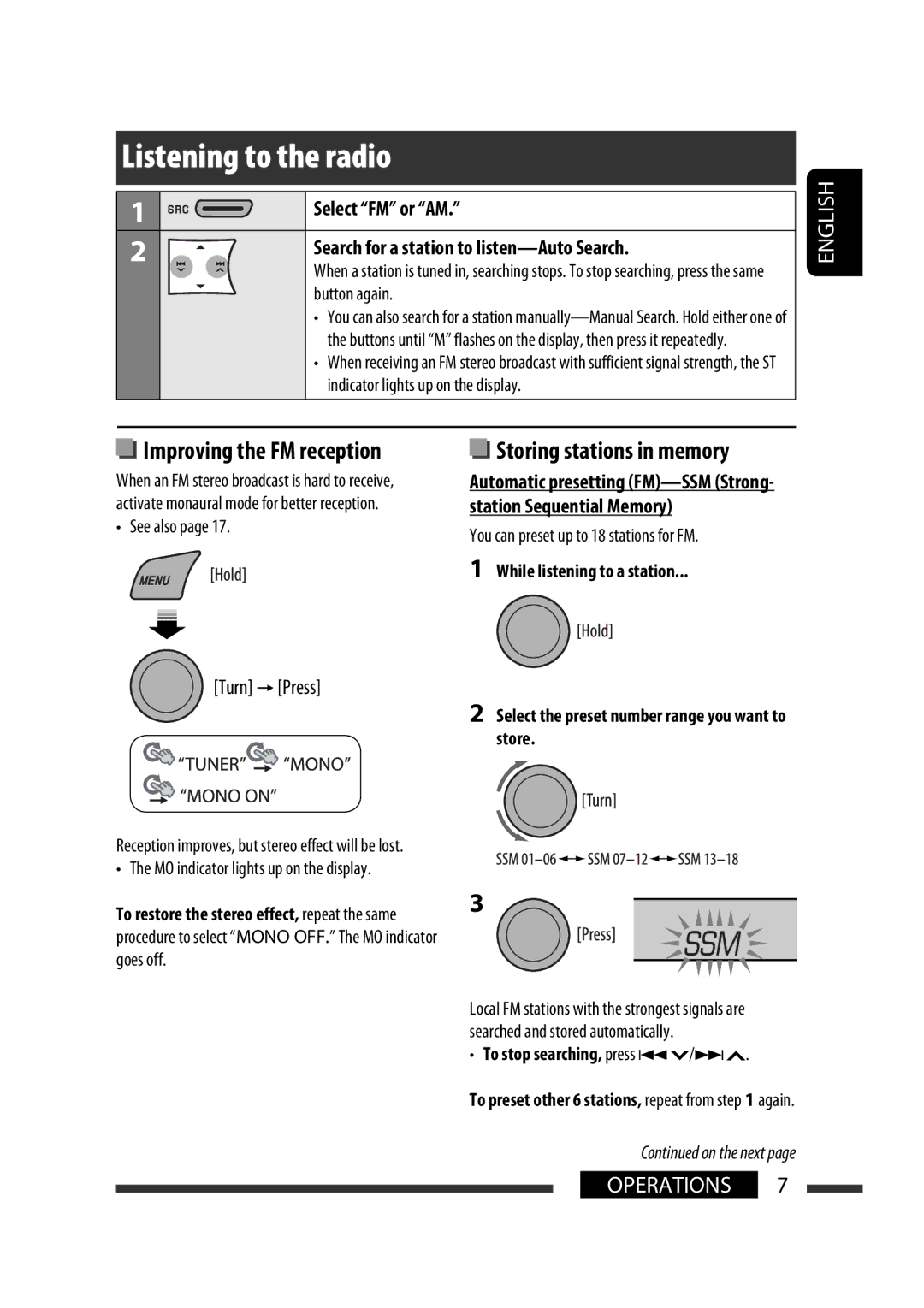 JVC GET0576-001A manual Listening to the radio, Automatic presetting FM-SSM Strong 