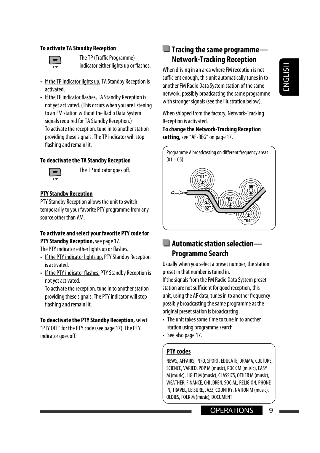 JVC GET0576-001A manual PTY codes, To activate TA Standby Reception, PTY Standby Reception 