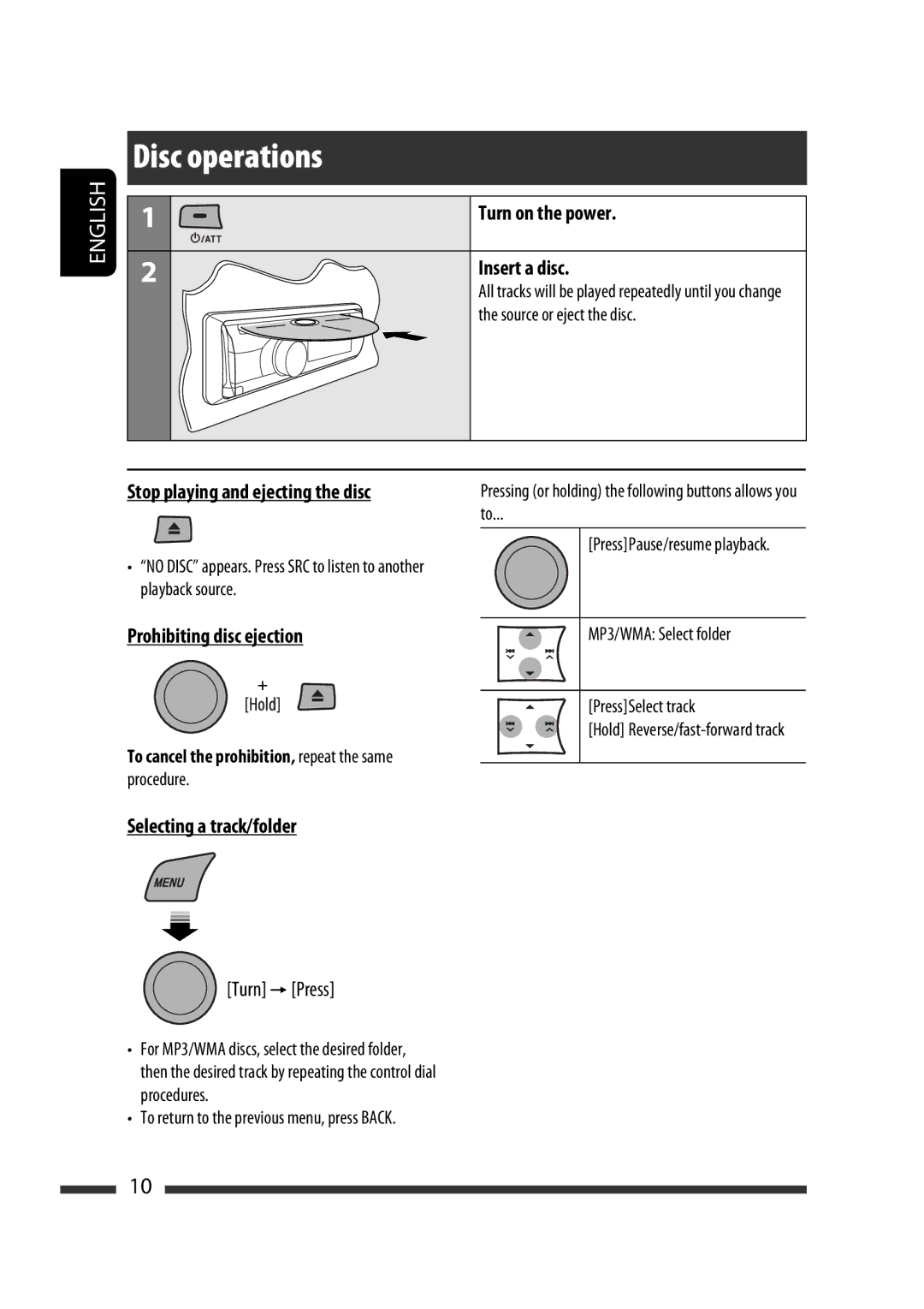 JVC GET0576-001A Turn on the power Insert a disc, MP3/WMA Select folder PressSelect track, PressPause/resume playback 