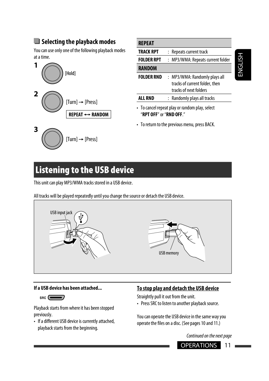 JVC GET0576-001A manual To stop play and detach the USB device, Press SRC to listen to another playback source 