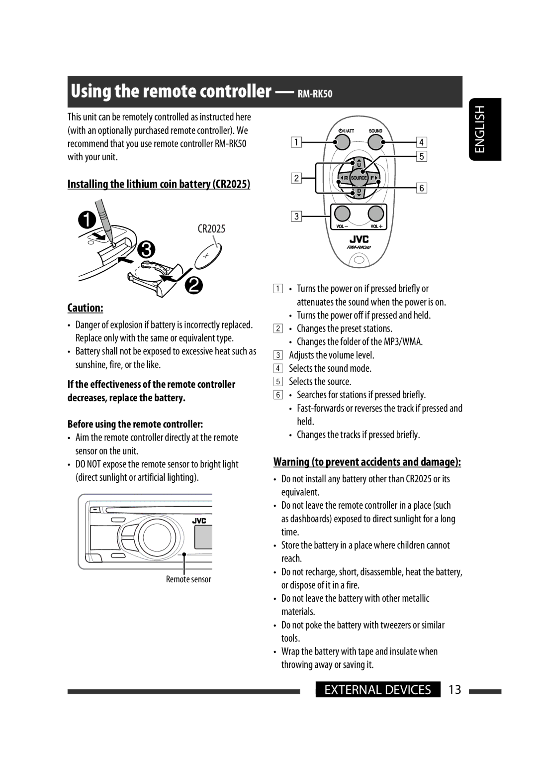 JVC GET0576-001A manual Using the remote controller RM-RK50, Installing the lithium coin battery CR2025 