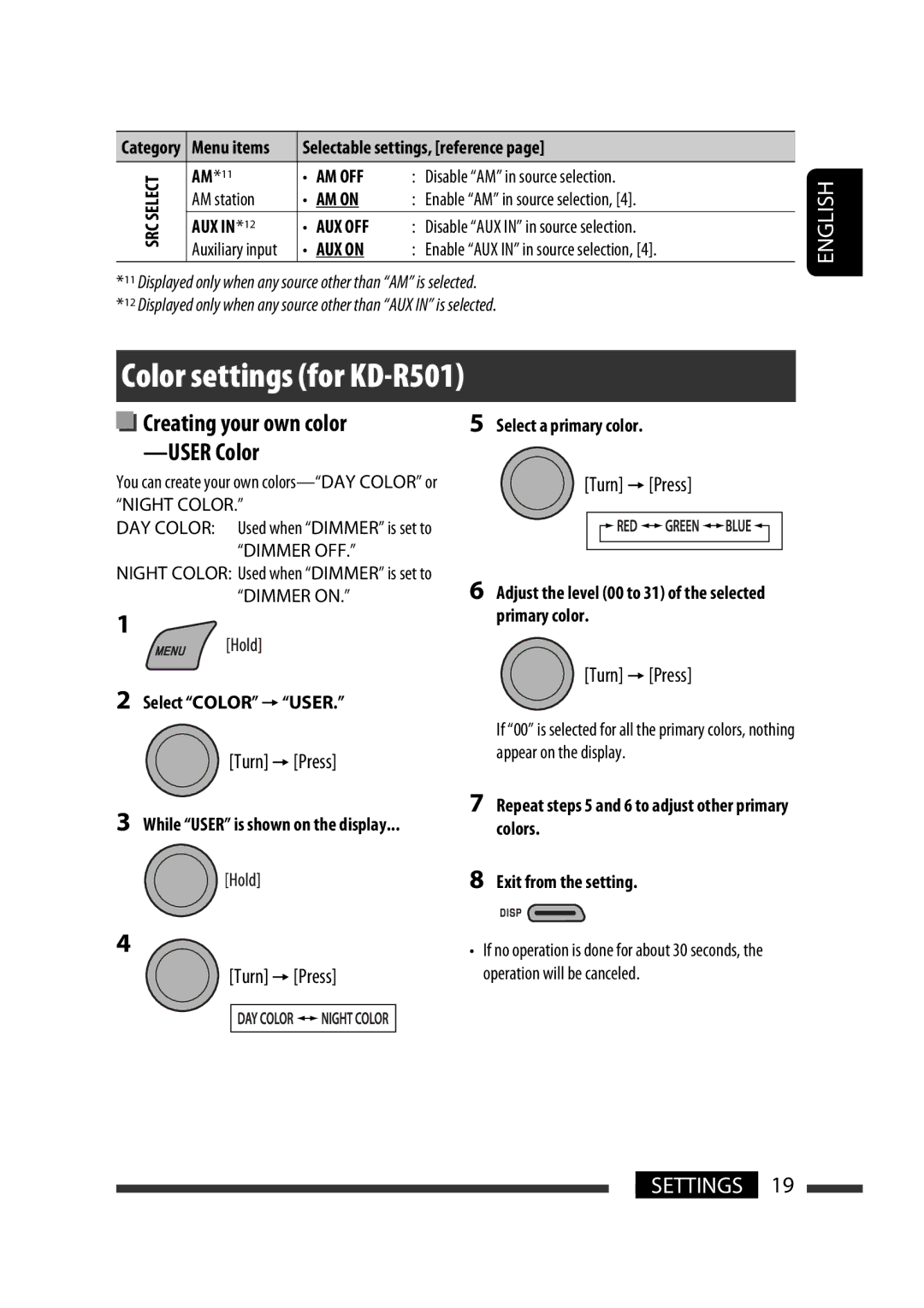 JVC GET0576-001A manual Color settings for KD-R501, AM*11, AUX IN*12, Select a primary color 