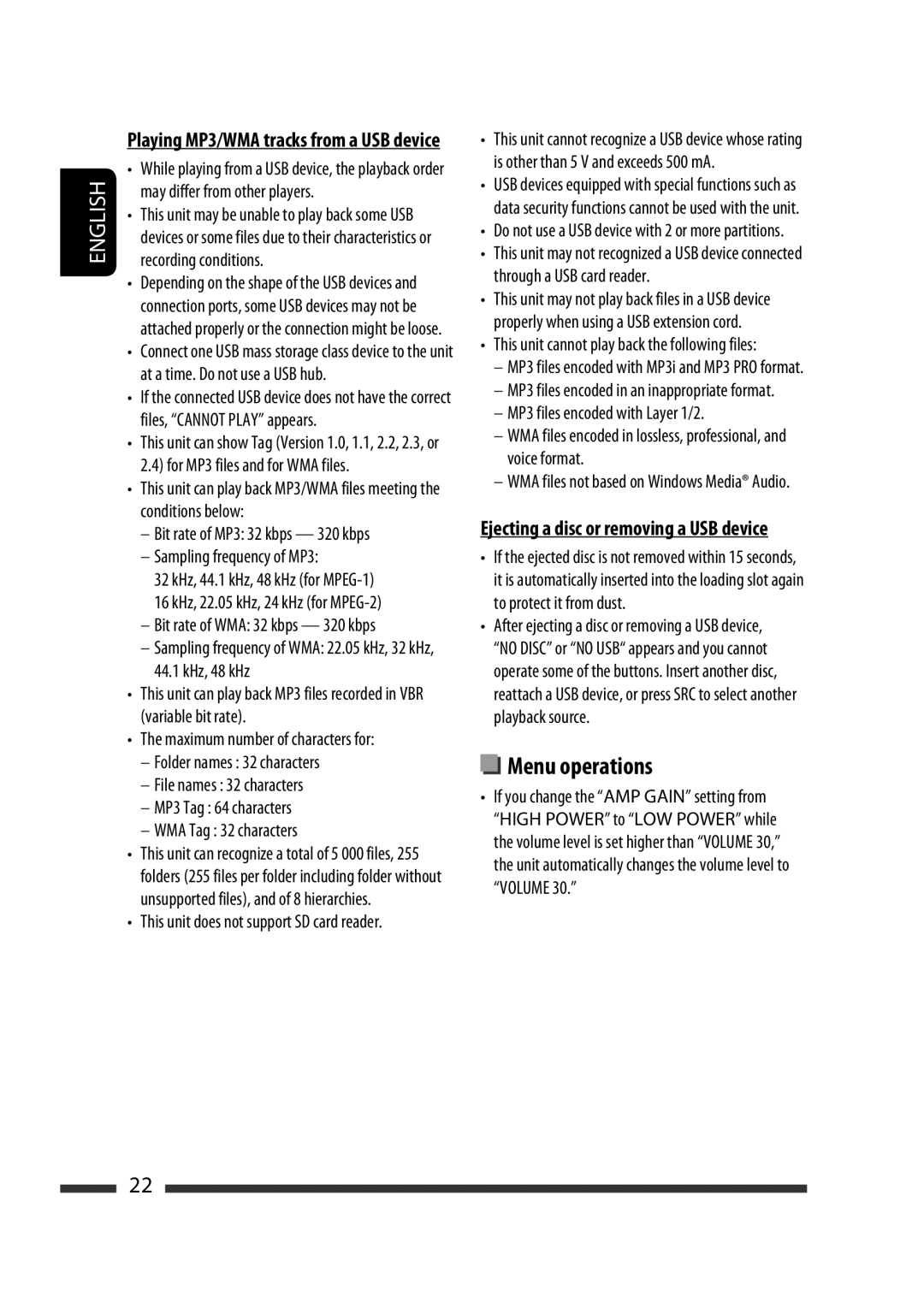 JVC GET0576-001A manual Bit rate of MP3 32 kbps 320 kbps Sampling frequency of MP3 