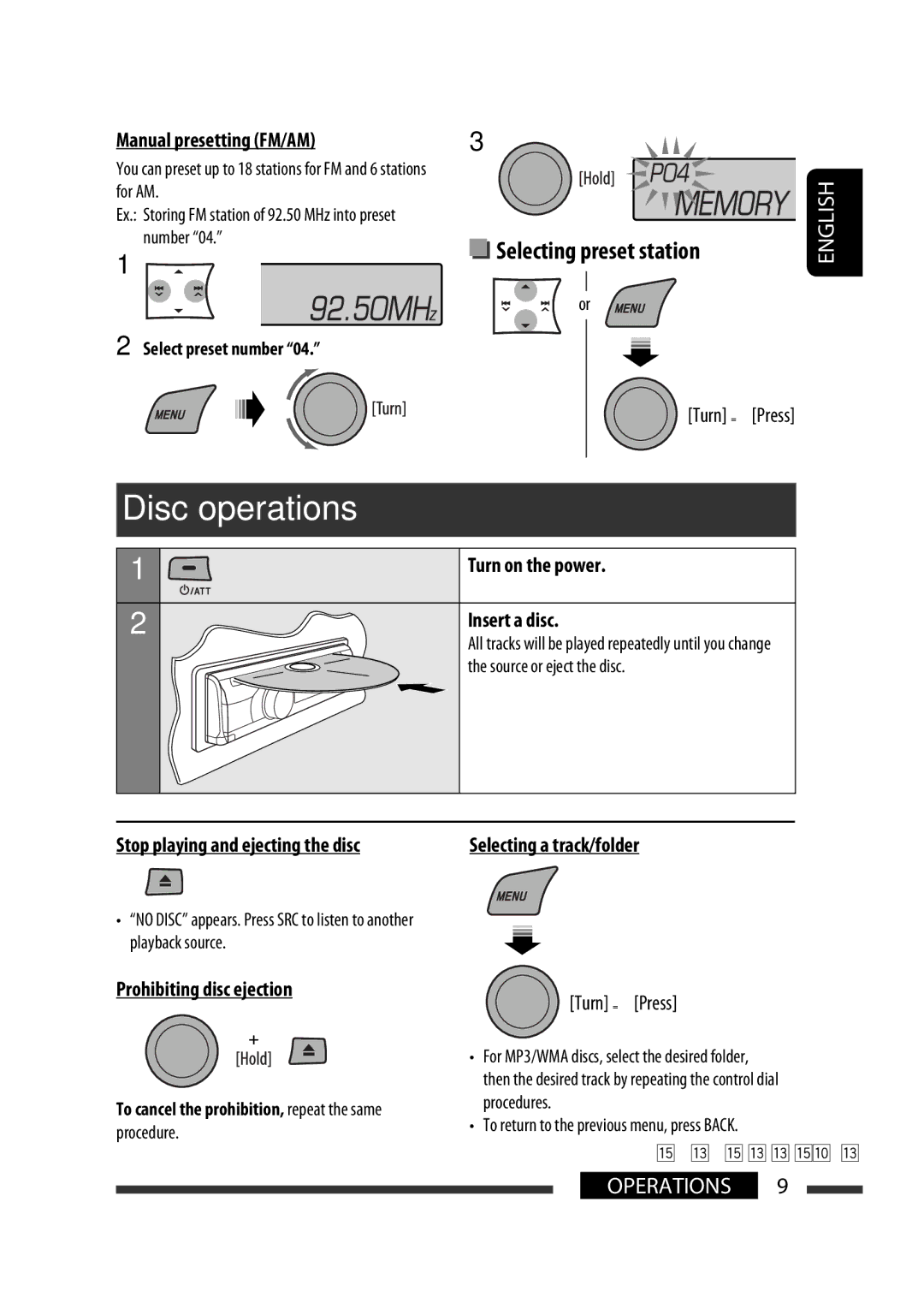 JVC GET0576-001A manual Disc operations, Prohibiting disc ejection, Selecting a track/folder 