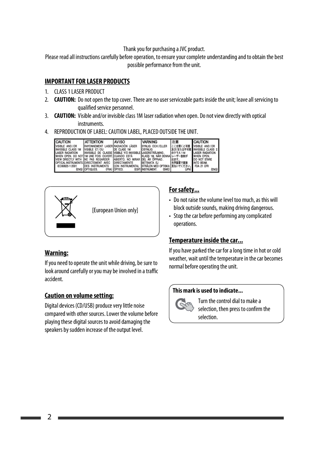 JVC GET0576-001A manual Do not raise the volume level too much, as this will 