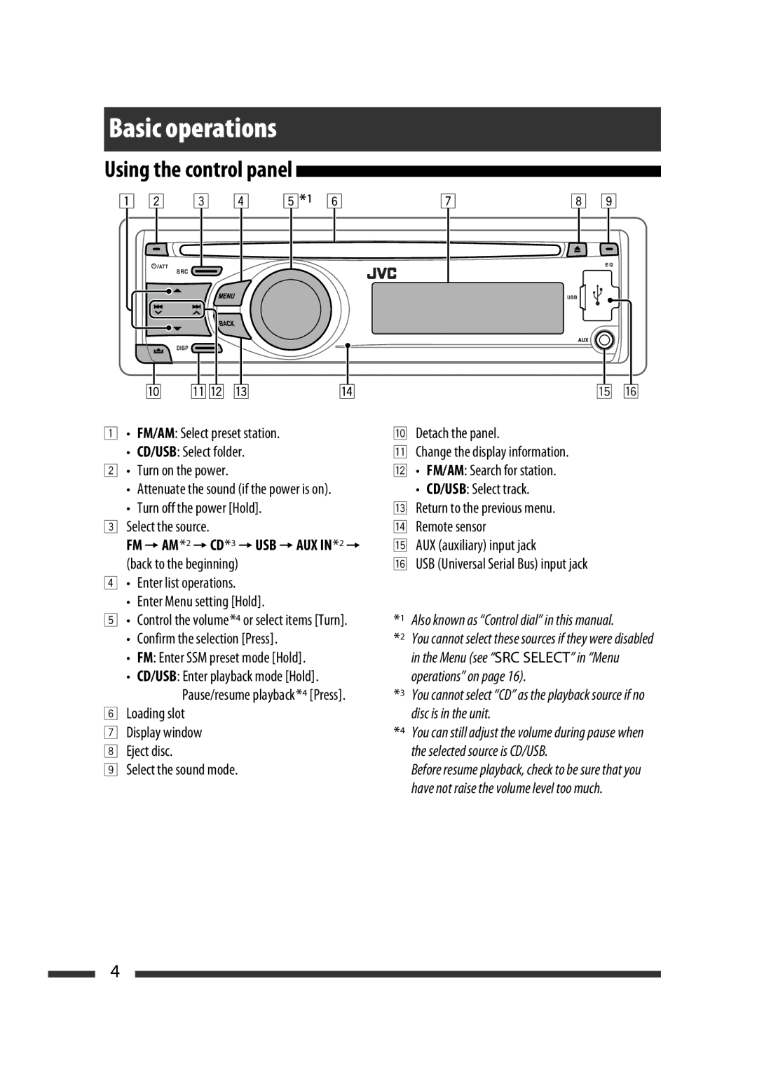 JVC GET0576-001A manual Select the source Remote sensor, FM = AM*2 = CD*3 = USB = AUX IN*2 =, Select the sound mode 