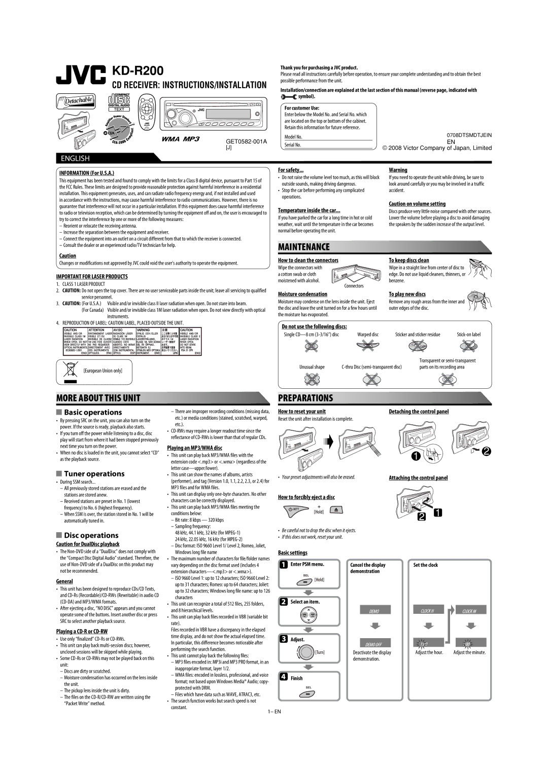 JVC 0708DTSMDTJEIN, GET0582-001A user service Maintenance, More about this Unit Preparations 