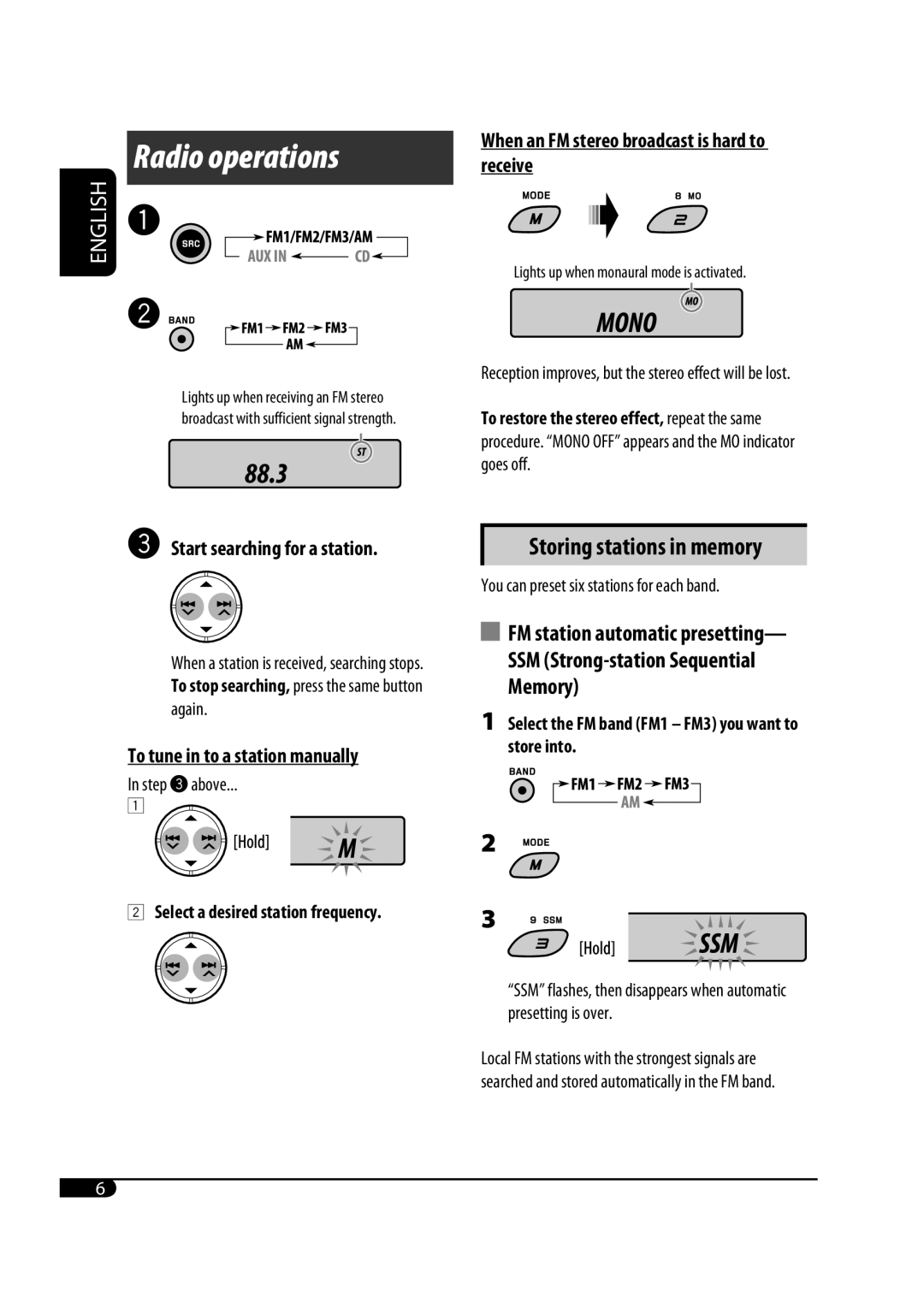 JVC GET0582-001A, 0708DTSMDTJEIN user service Radio operations, Storing stations in memory, Start searching for a station 