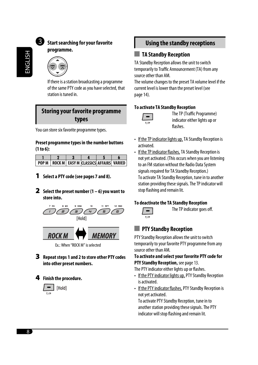 JVC GET0582-001A user service Types, Using the standby receptions TA Standby Reception, PTY Standby Reception, Programme 