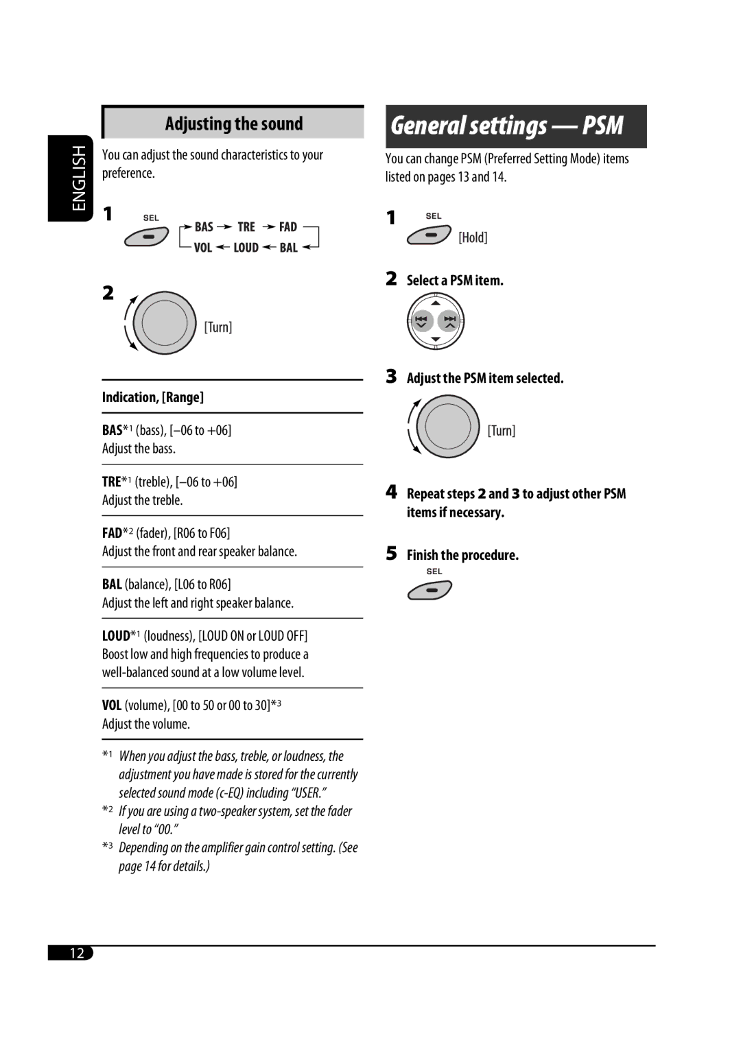 JVC GET0582-001A Indication, Range, BAL balance, L06 to R06, VOL volume, 00 to 50 or 00 to 30*3 Adjust the volume 