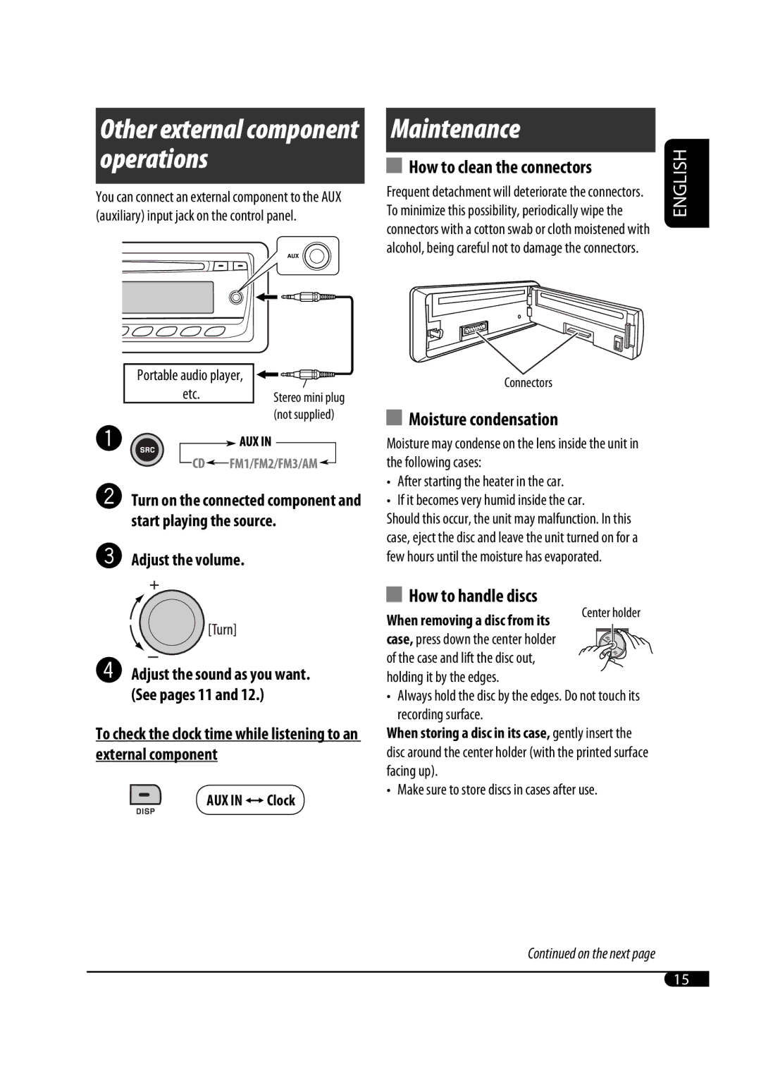 JVC 0708DTSMDTJEIN Maintenance, How to clean the connectors, Moisture condensation, Adjust the volume, How to handle discs 