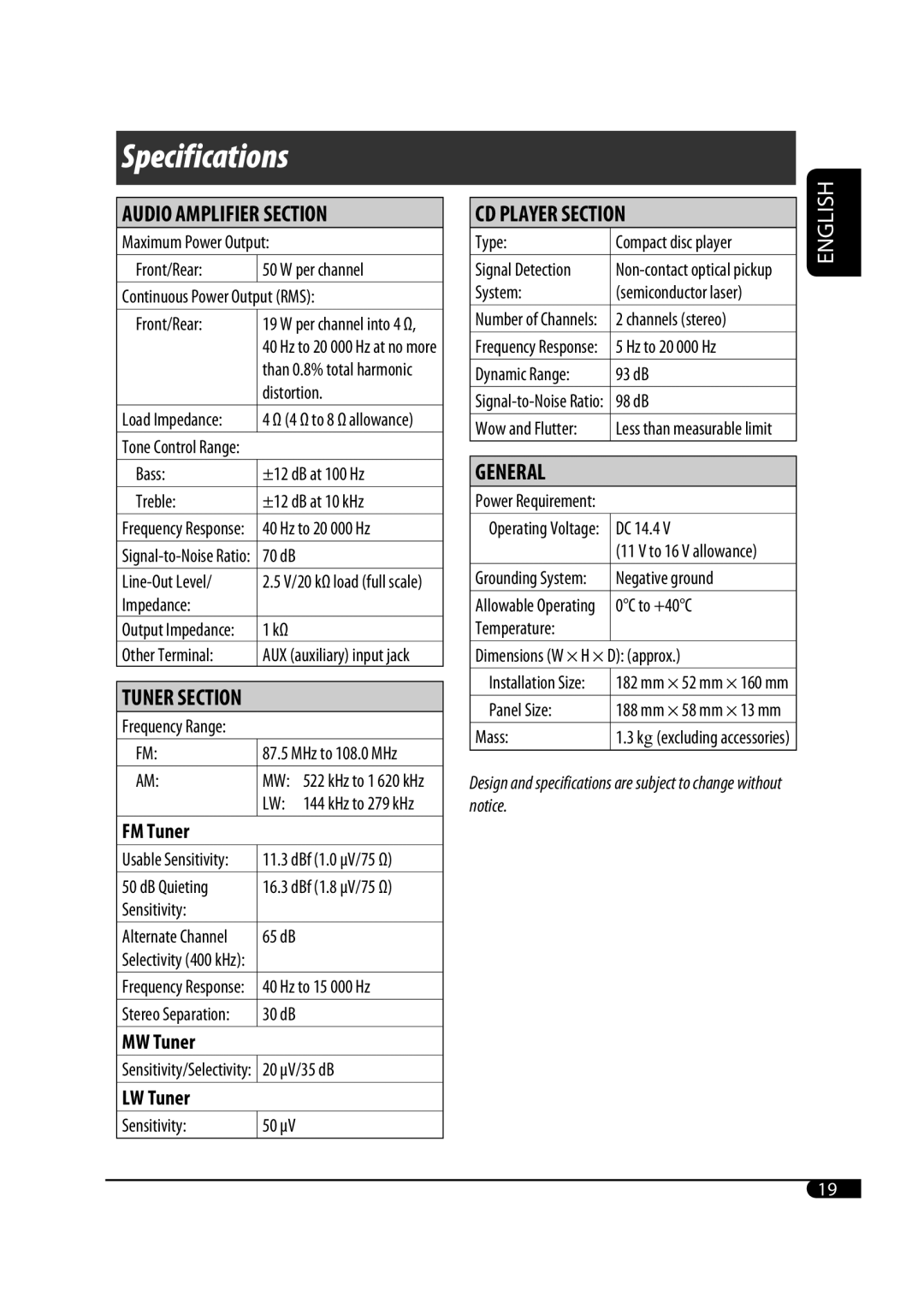 JVC 0708DTSMDTJEIN, GET0582-001A user service Specifications, MW Tuner, LW Tuner 