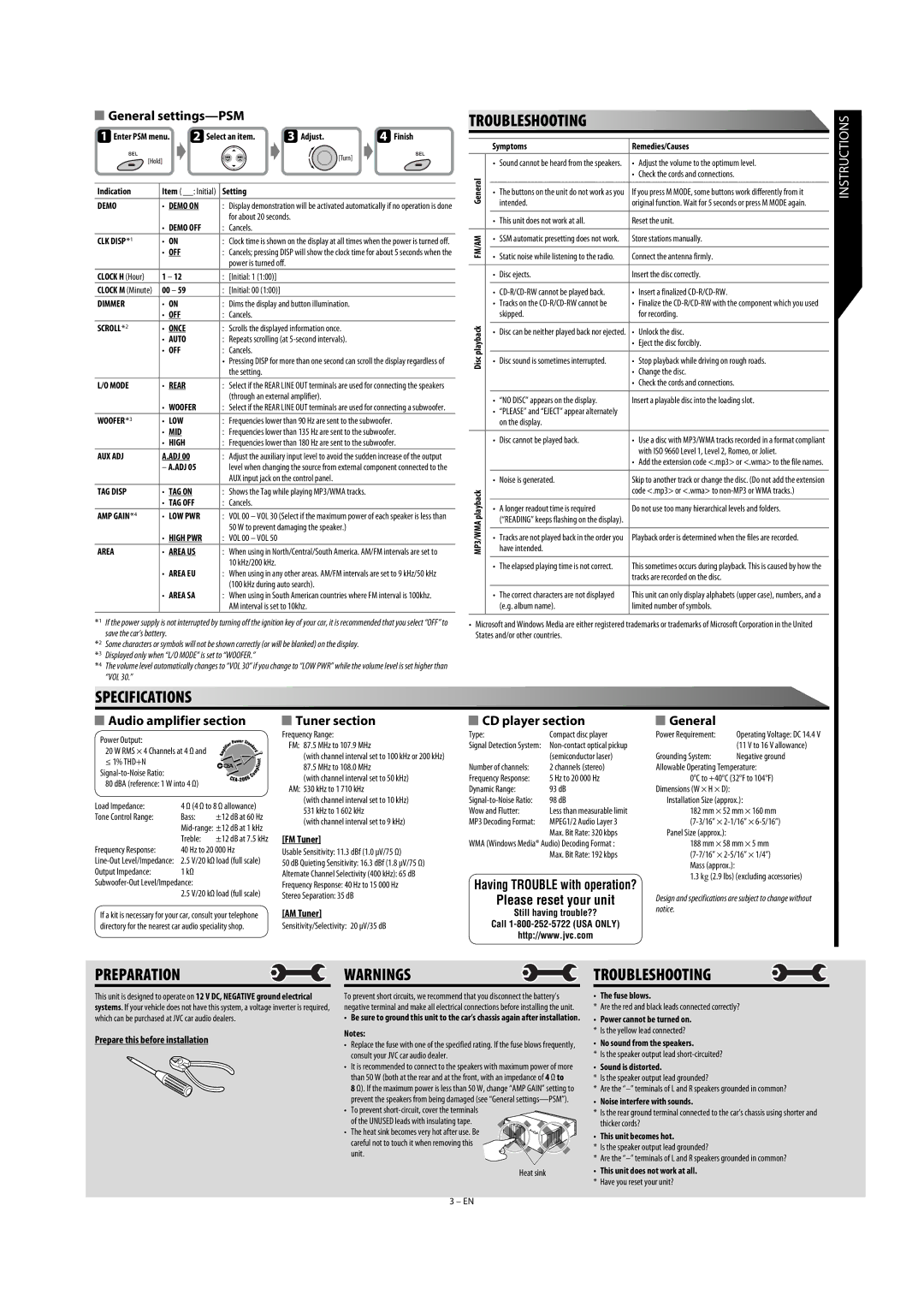 JVC 0708DTSMDTJEIN, GET0582-001A user service Specifications, Preparation, Troubleshooting 