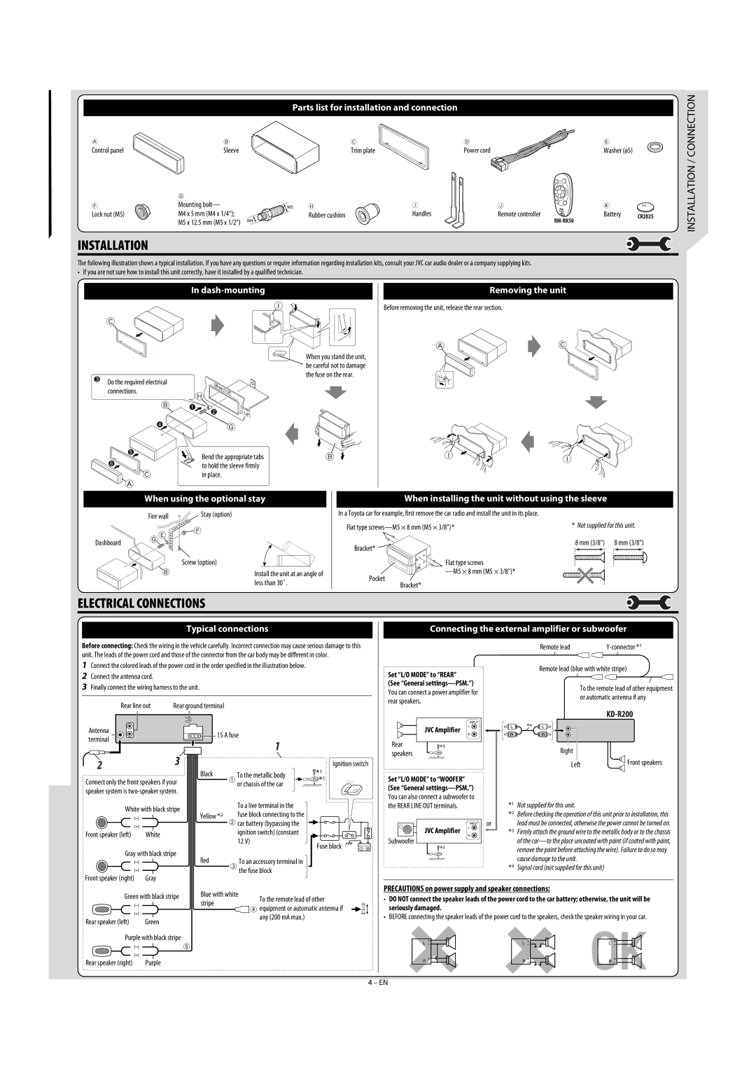 JVC GET0582-001A Installation, Electrical Connections, Precautions on power supply and speaker connections, JVC Amplifier 