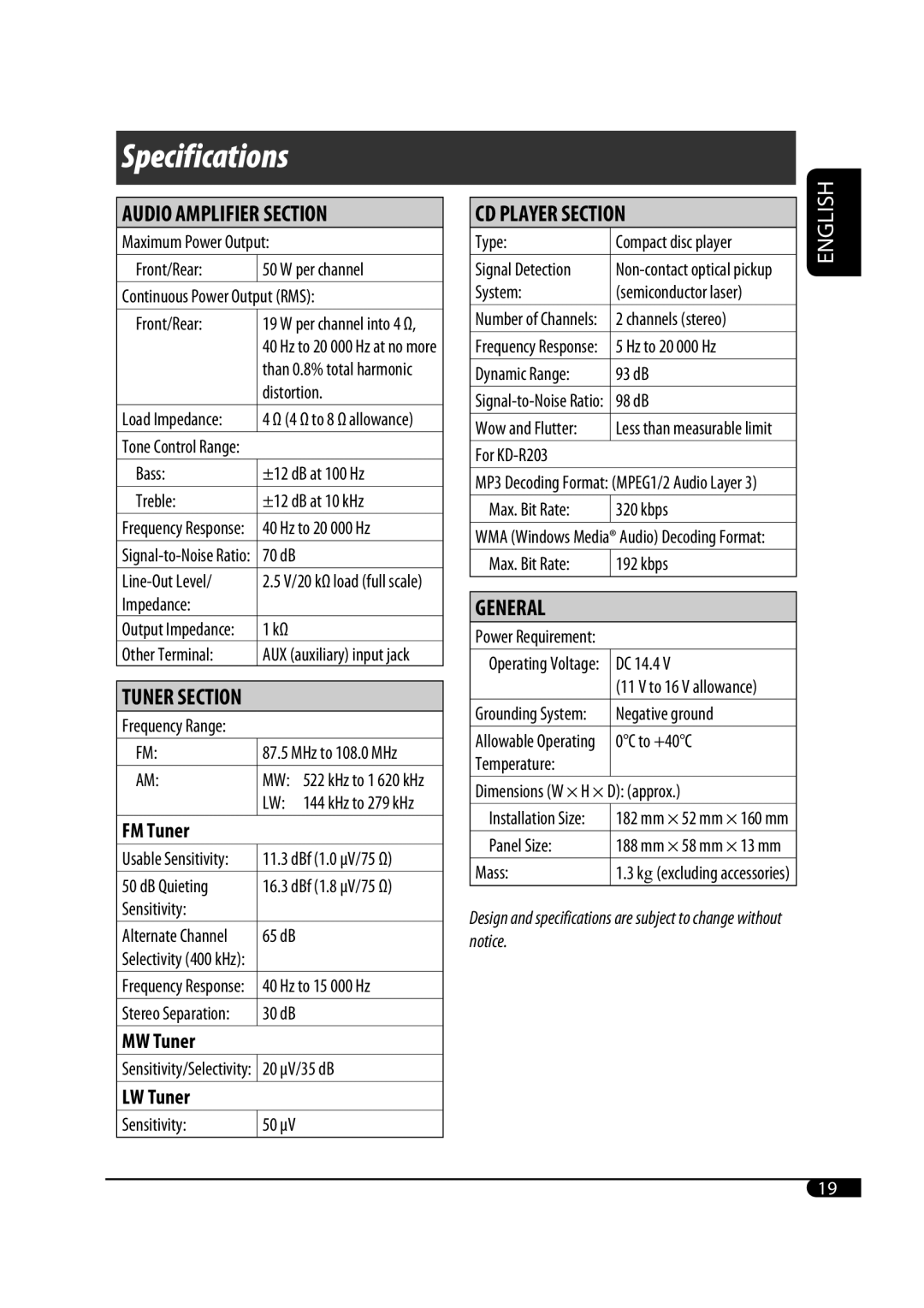 JVC 0708DTSMDTJEIN, GET0582-001A user service For KD-R203, Max. Bit Rate Kbps, DBf 1.0 μV/75 Ω, DBf 1.8 μV/75 Ω 