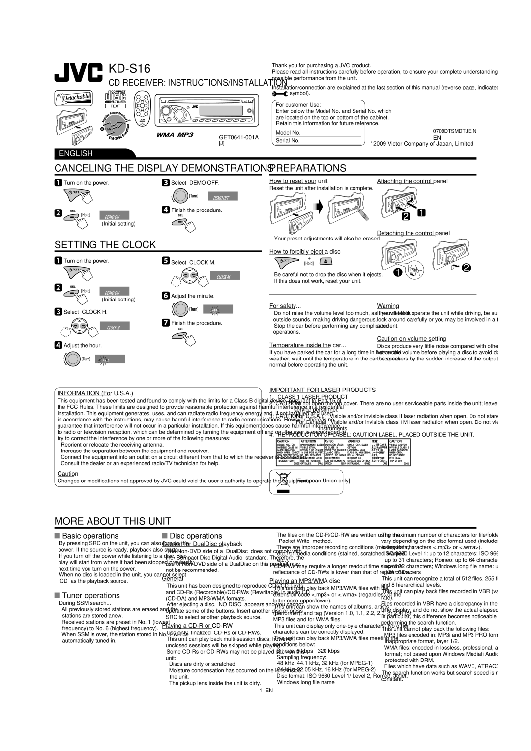 JVC 0708DTSMDTJEIN, GET0582-001A user service Setting the Clock, Turn on the power, Select Clock H Adjust the minute 