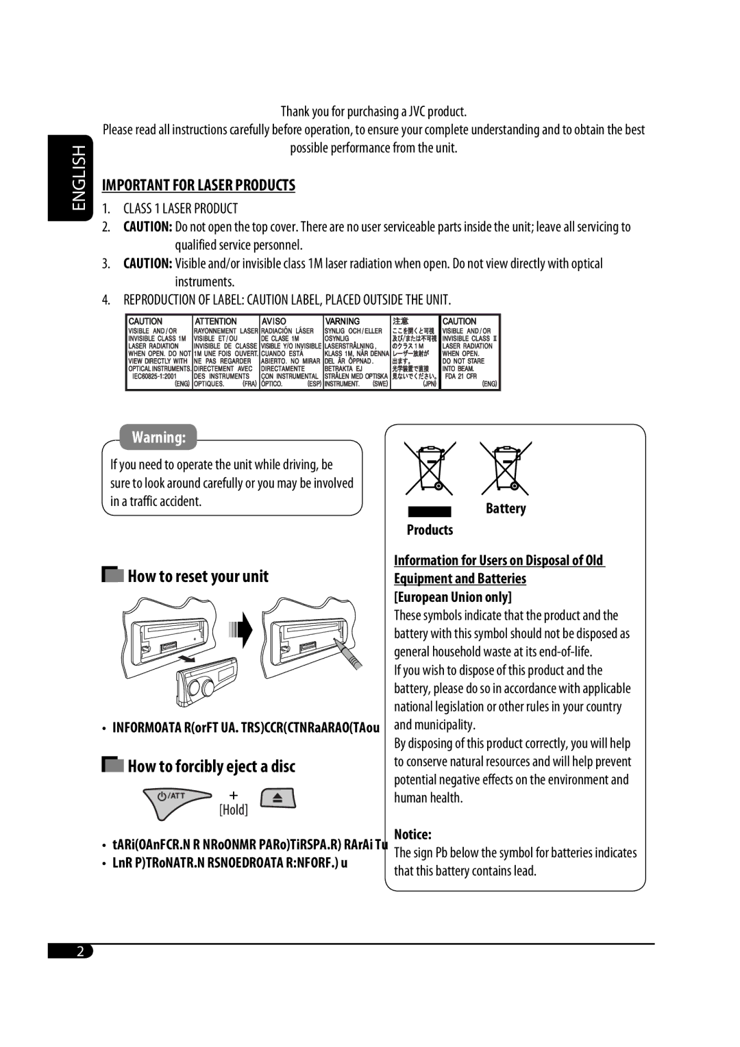 JVC GET0582-001A user service How to reset your unit, How to forcibly eject a disc, Battery Products, European Union only 