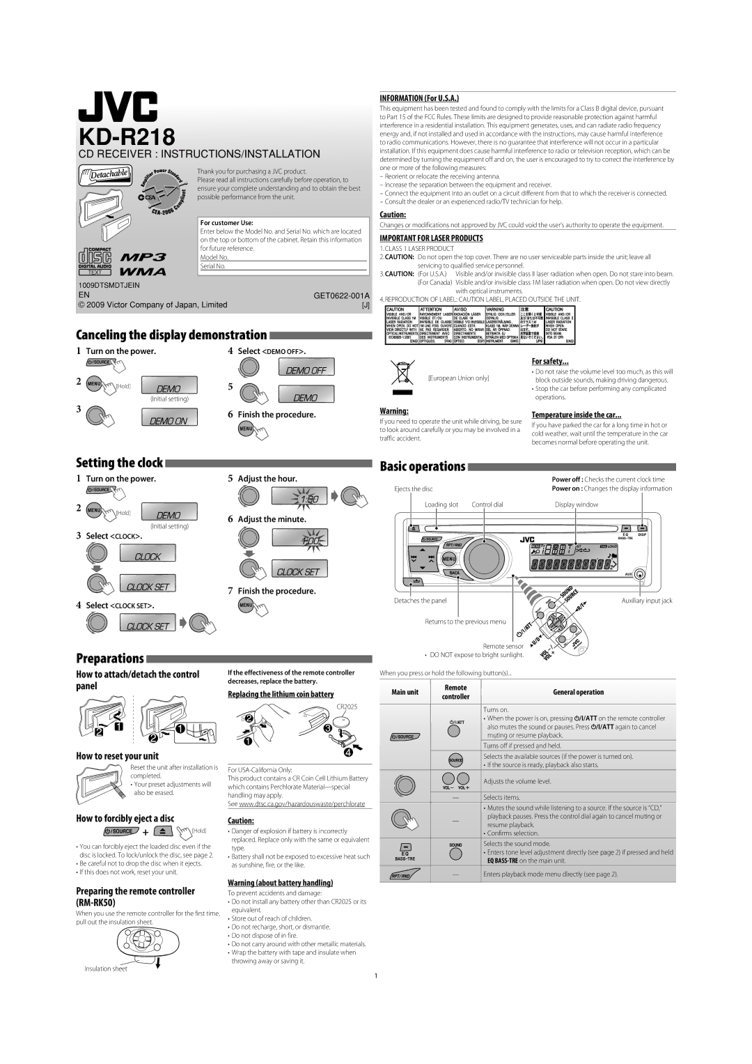 JVC GET0622-001A user service How to forcibly eject a disc, Preparing the remote controller RM-RK50, For customer Use 