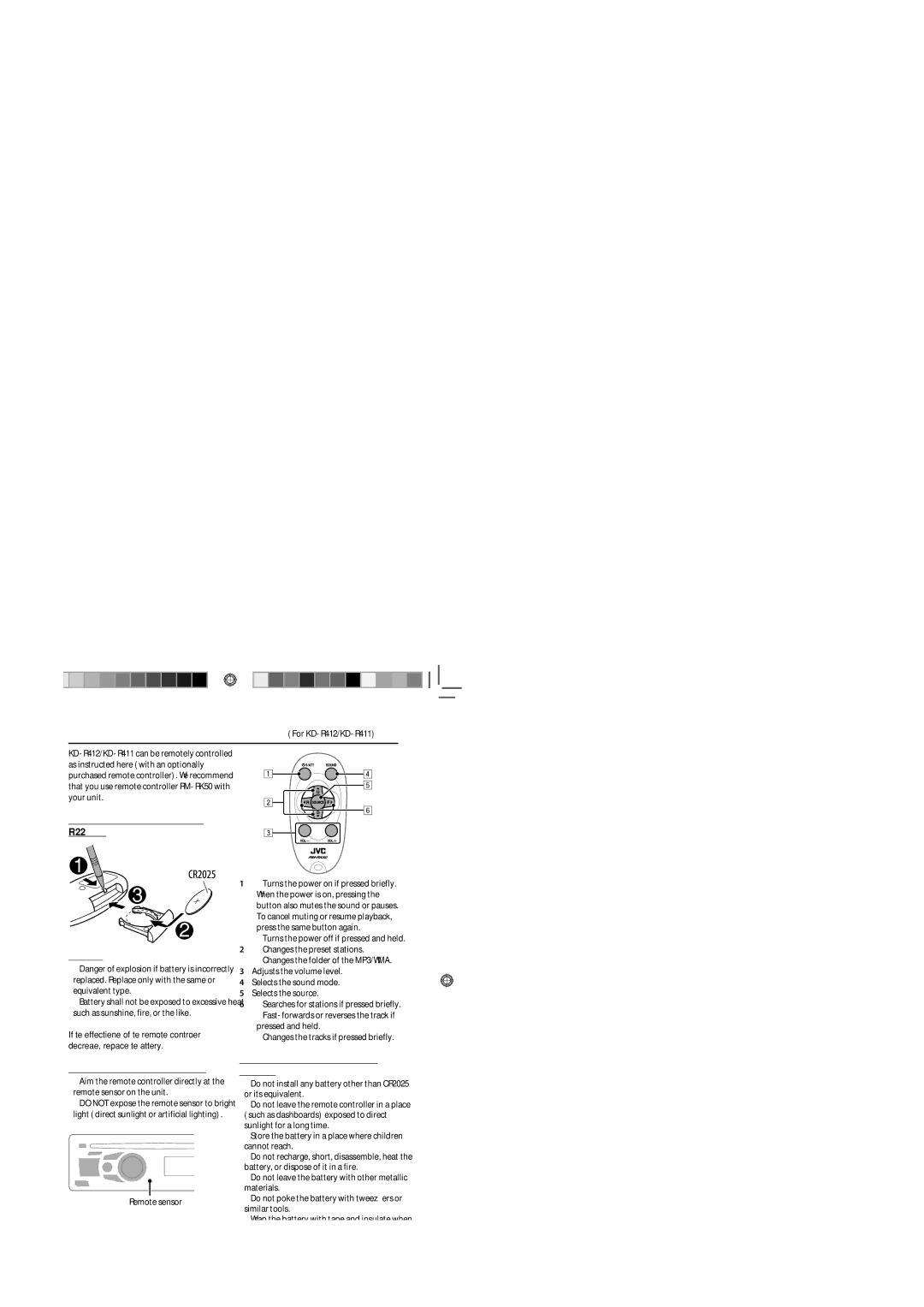 JVC GET0623-006A, GET0622-001A Using the remote controller For KD-R412/KD-R411, Installing the lithium coin battery CR2025 