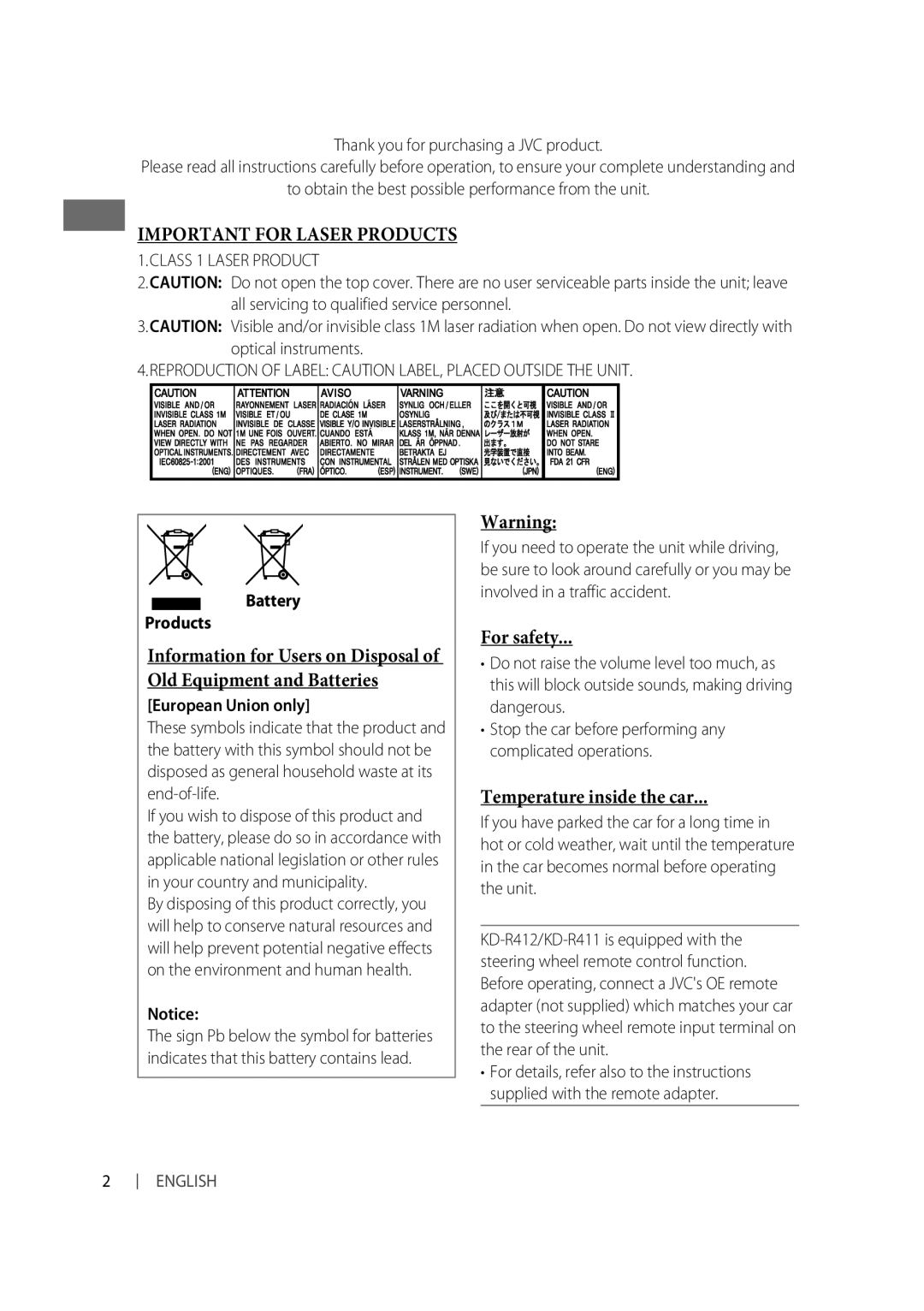 JVC KD-R312, GET0624-003A, KD-R412, KD-R311 For safety, Temperature inside the car, Battery Products, European Union only 