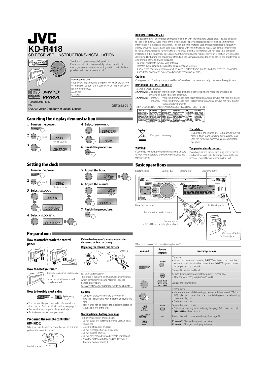 JVC KD-R311, GET0624-003A, KD-R412 manual Preparations, How to forcibly eject a disc, Preparing the remote controller RM-RK50 