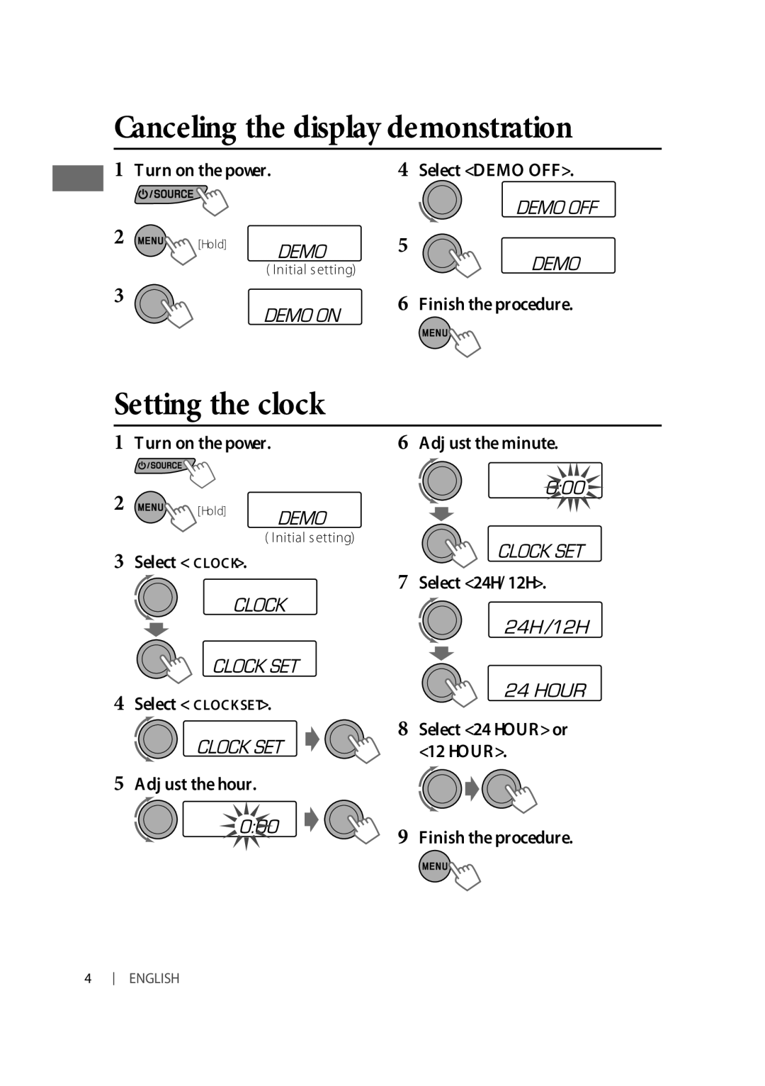 JVC KD-R411, GET0624-003A manual Canceling the display demonstration, Setting the clock, Turn on the power, Initial setting 