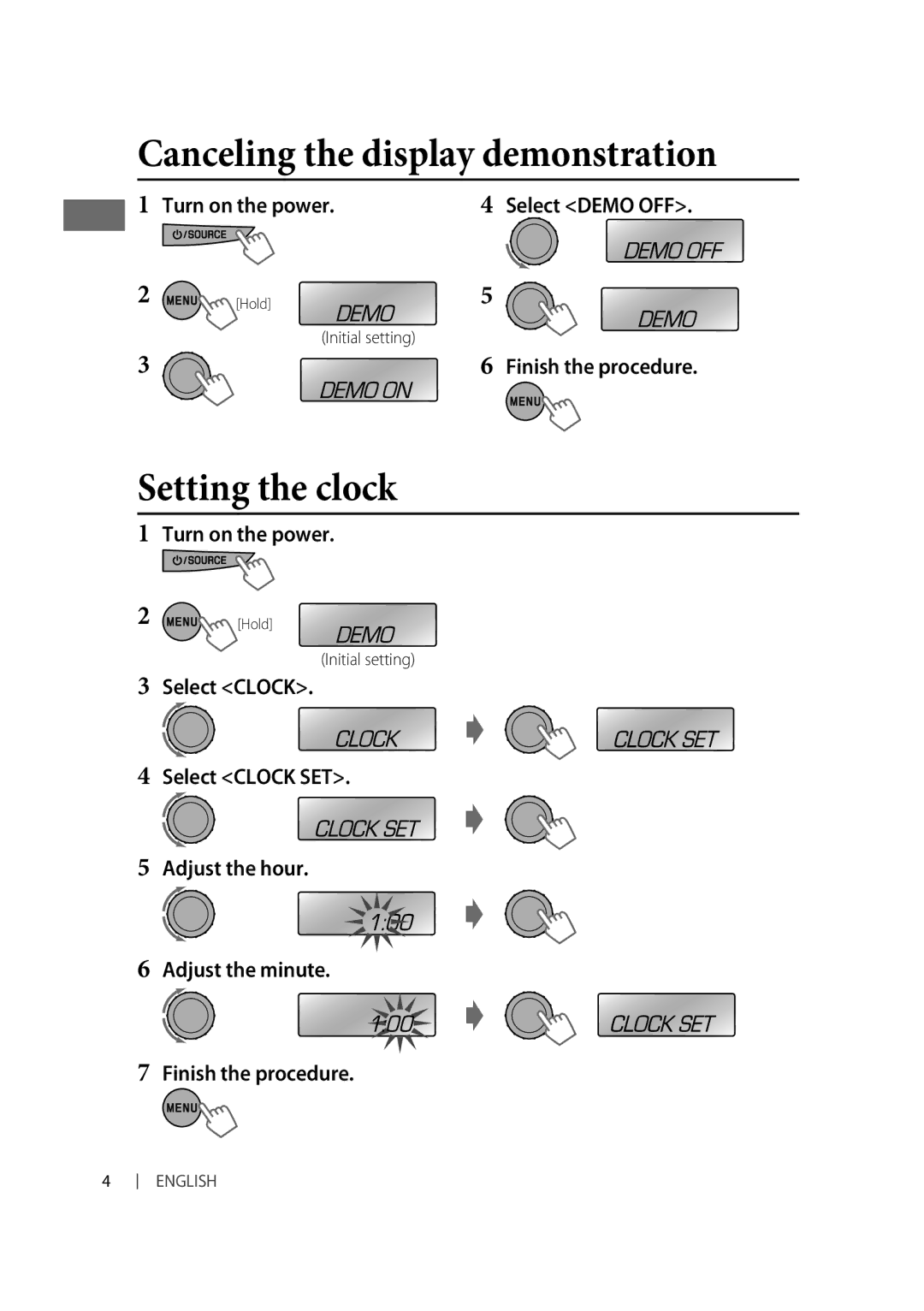 JVC GET0634-005A, GET0634-001A, GET0633-001A Canceling the display demonstration, Setting the clock, Initial setting 