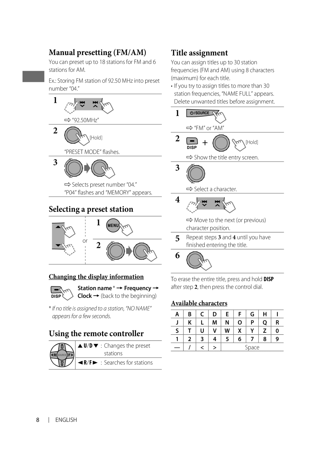 JVC KD-R515, KD-R514 Manual presetting FM/AM, Selecting a preset station, Using the remote controller, Title assignment 