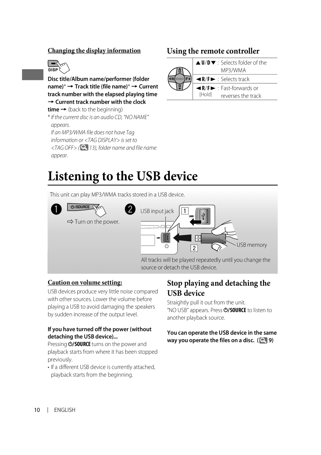 JVC GET0634-006A Listening to the USB device, Stop playing and detaching the USB device, Time = back to the beginning 