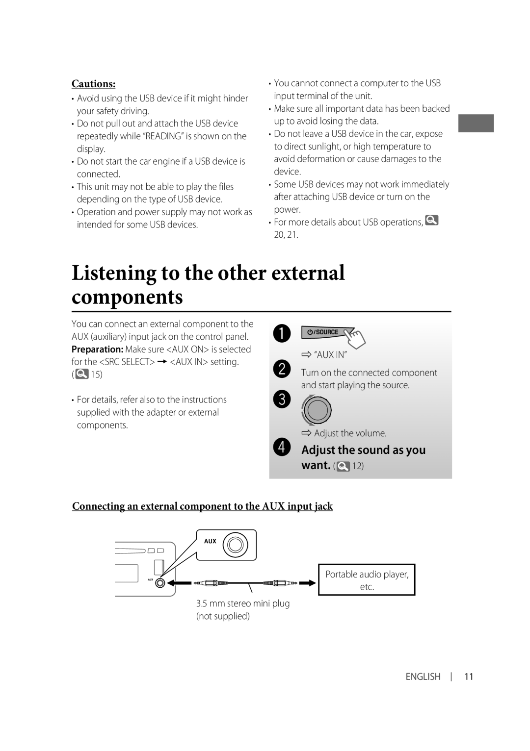 JVC GET0635-003A Listening to the other external components, Connecting an external component to the AUX input jack 