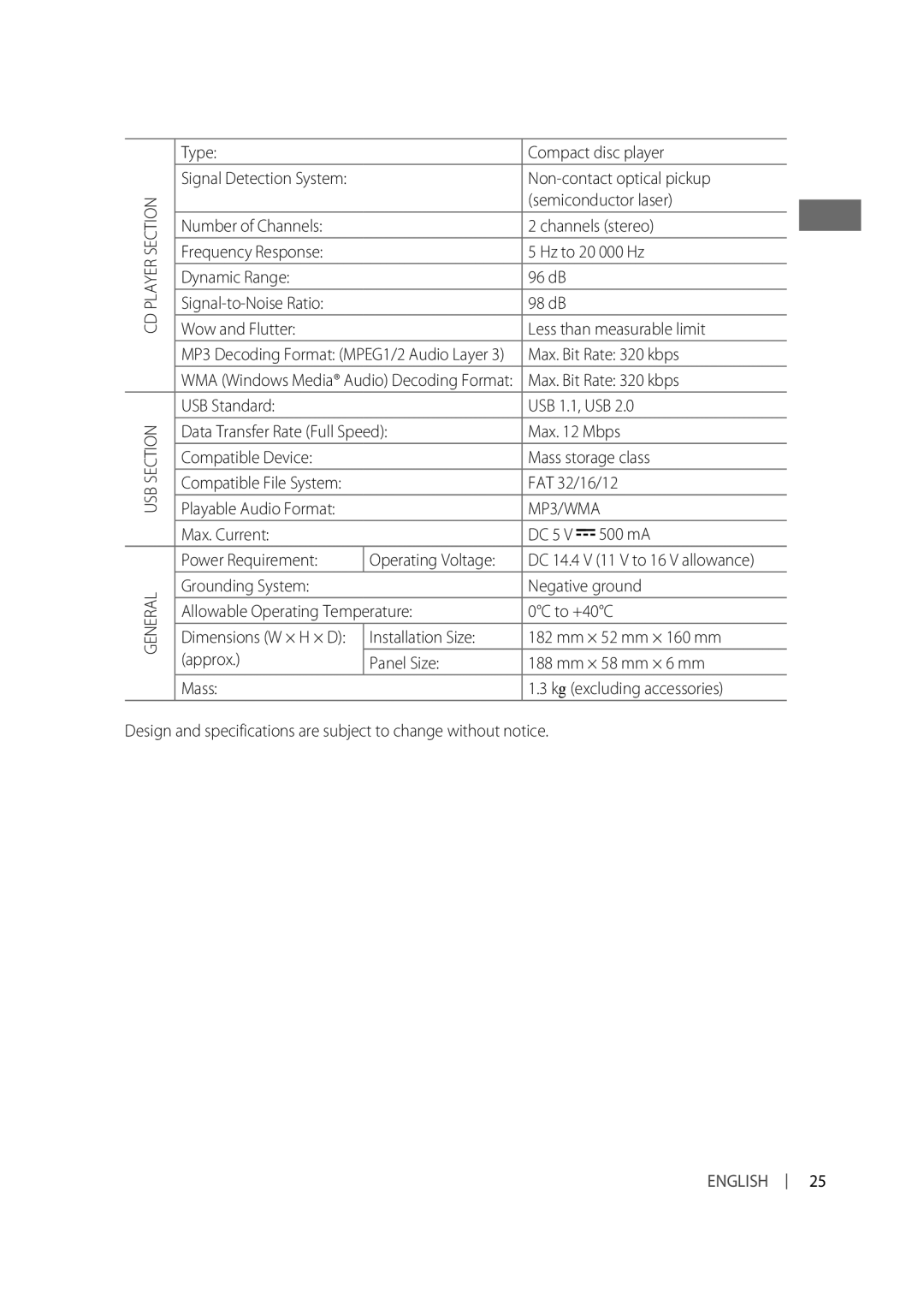 JVC KD-R516 Type Compact disc player, Non-contact optical pickup, Semiconductor laser, Max. Bit Rate 320 kbps, 500 mA 