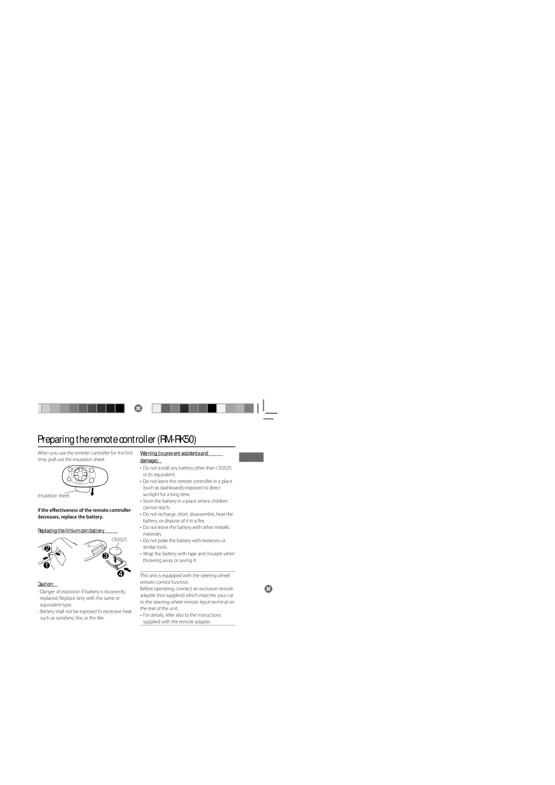 JVC KD-R514, GET0634-001A, GET0634-005A, GET0633-001A, KD-R516, KD-R515, GET0634-010A Preparing the remote controller RM-RK50 