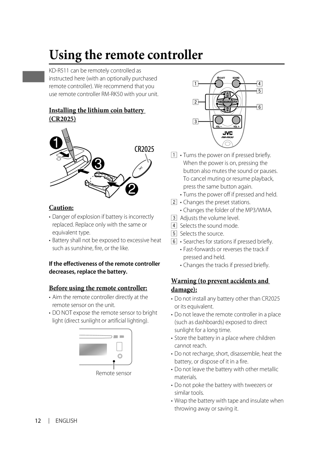 JVC GET0633-001A, GET0634-001A, GET0634-005A Using the remote controller, Installing the lithium coin battery CR2025 