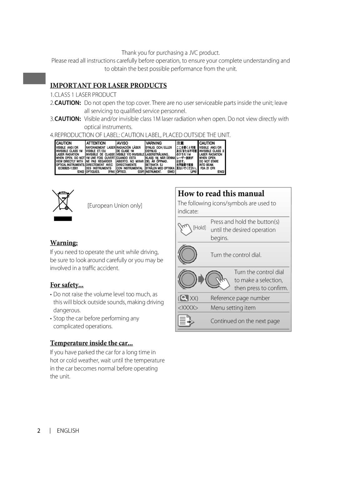 JVC GET0635-003A, GET0634-001A, GET0634-005A, GET0633-001A How to read this manual, For safety, Temperature inside the car 