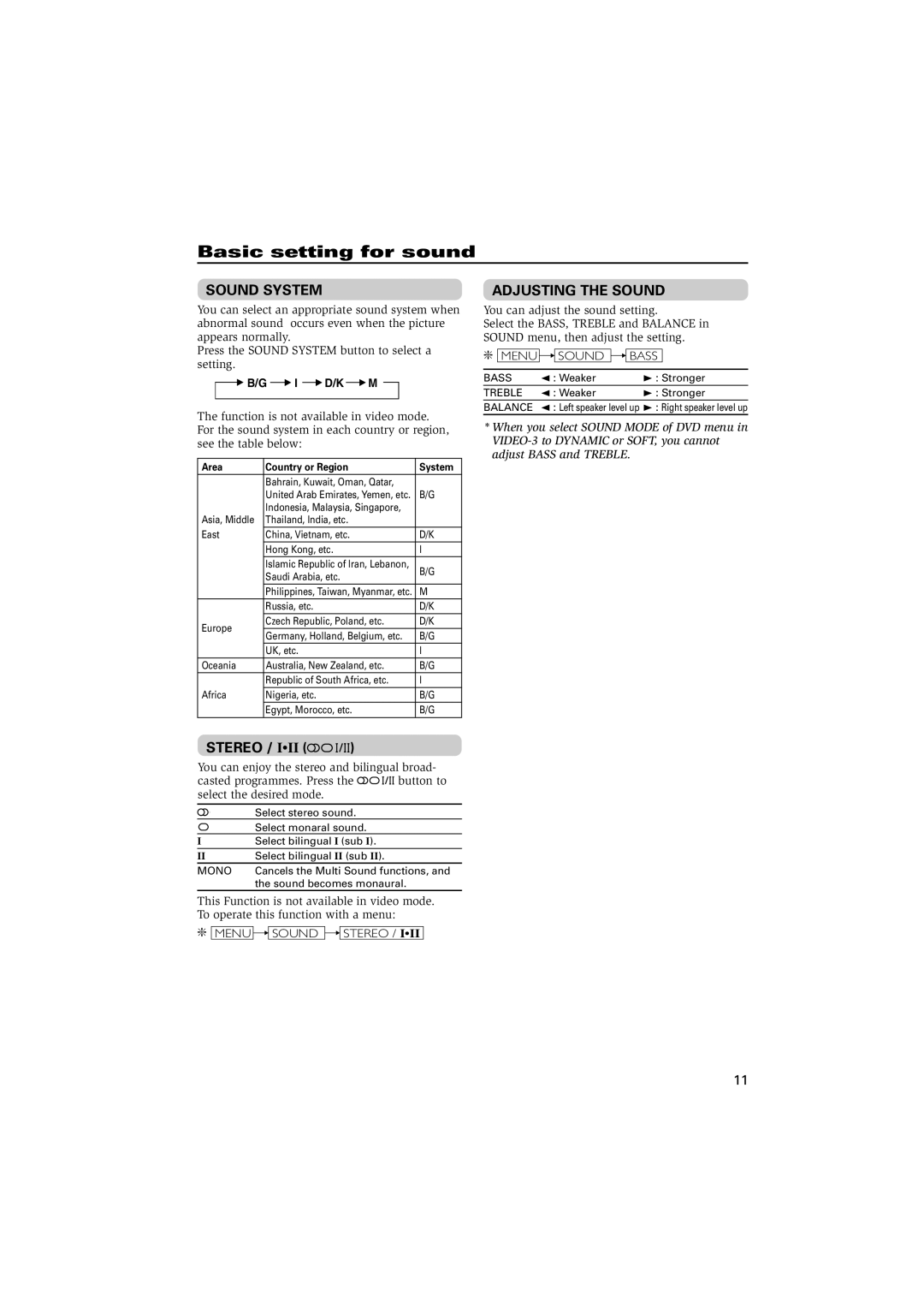 JVC HV-29VL15, GGT0087-001A-H specifications Basic setting for sound, Sound System, Stereo, Adjusting the Sound 